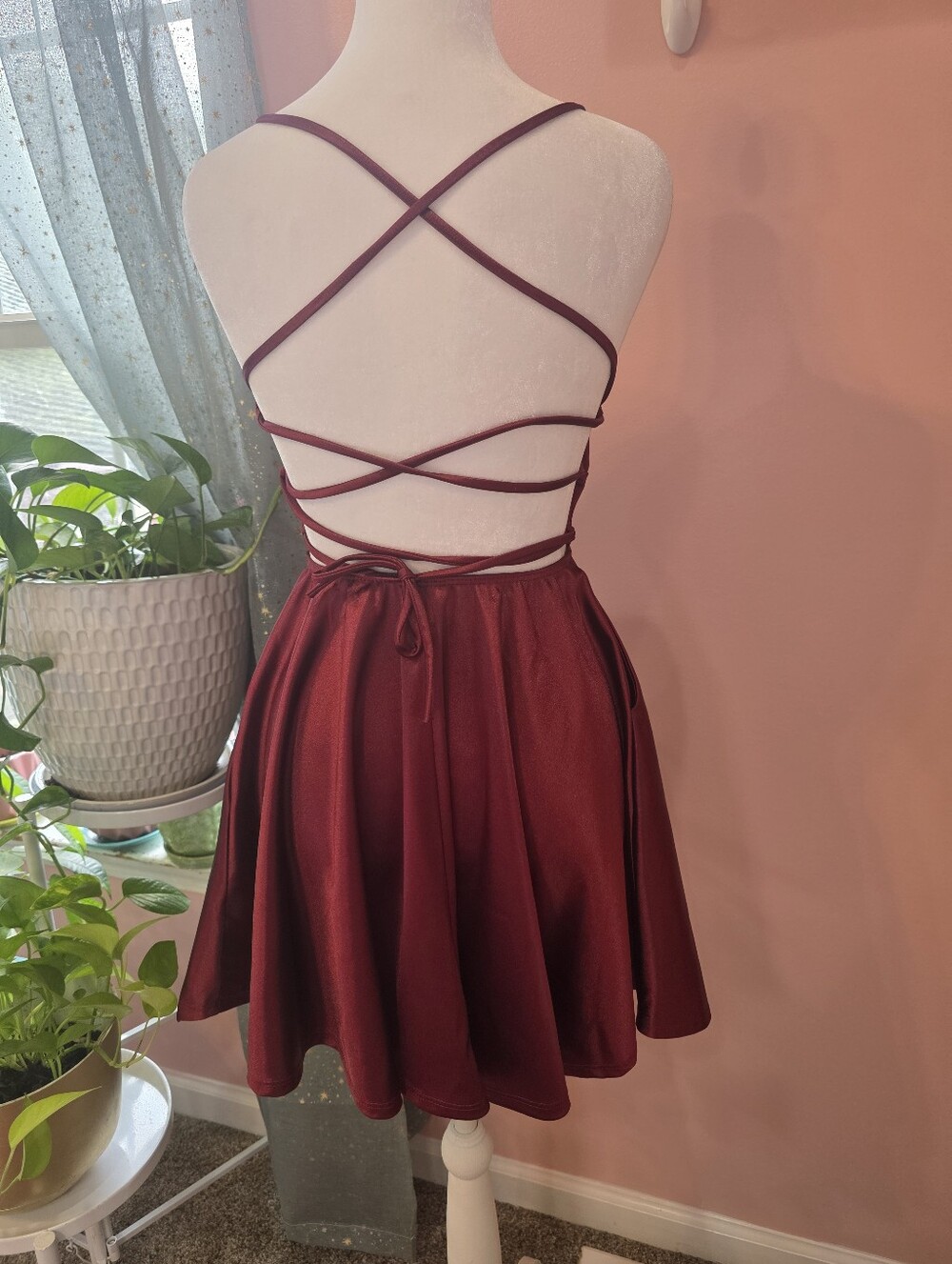 Windsor Burgundy Satin Lace Up Back Skater Mini Dress Size Small